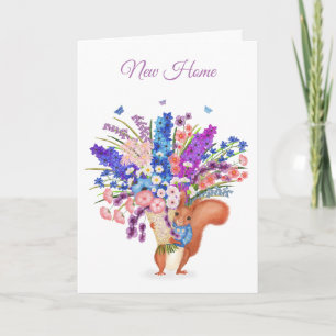Cute red squirrel with flowers new home card