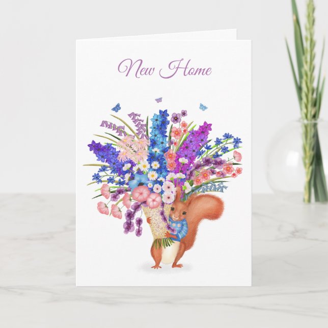 Cute red squirrel with flowers new home card (Front)