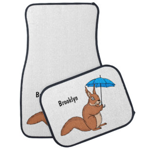 Cute red squirrel with umbrella cartoon car floor mat