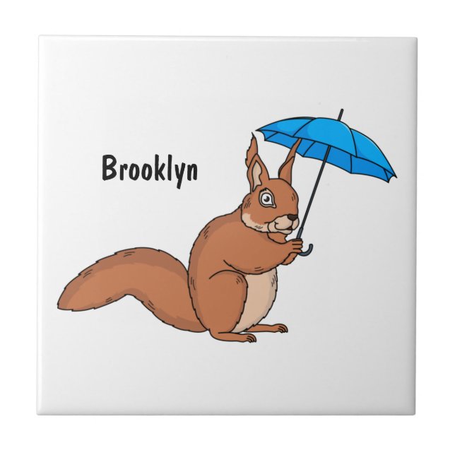 Cute red squirrel with umbrella cartoon ceramic tile (Front)