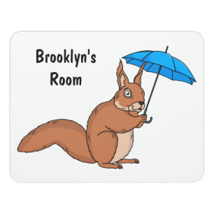 Cute red squirrel with umbrella cartoon door sign