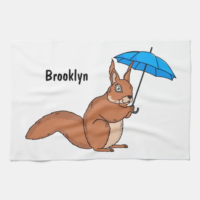 Cute red squirrel with umbrella cartoon  kitchen towel (Horizontal)