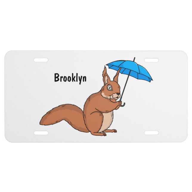 Cute red squirrel with umbrella cartoon license plate (Front)