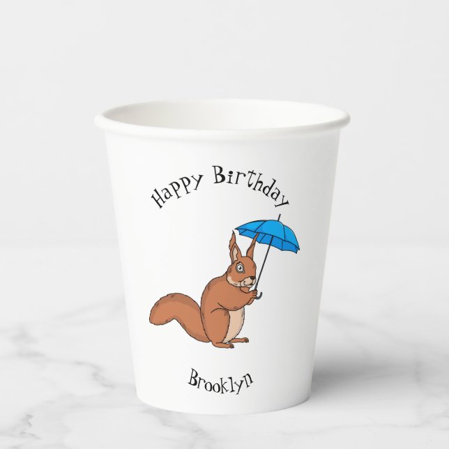 Cute red squirrel with umbrella cartoon  paper cups (Front)