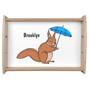 Cute red squirrel with umbrella cartoon serving tray