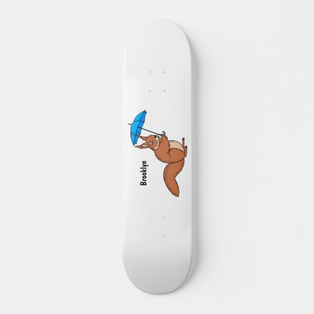 Cute red squirrel with umbrella cartoon  skateboard (Front)