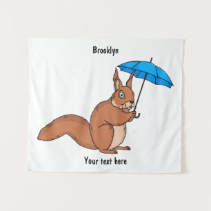 Cute red squirrel with umbrella cartoon tapestry