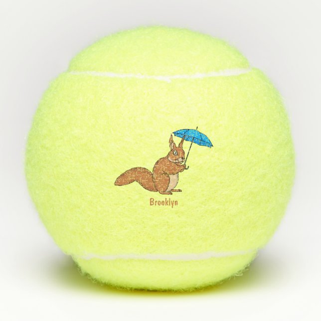Cute red squirrel with umbrella cartoon  tennis balls (Front)