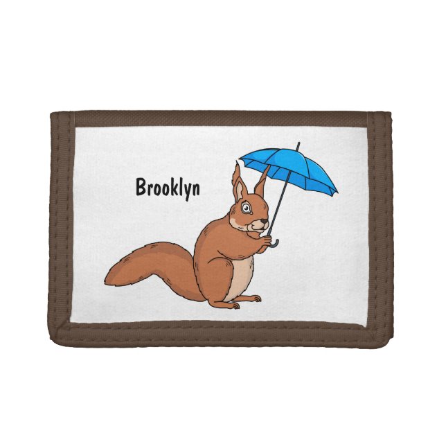 Cute red squirrel with umbrella cartoon trifold wallet (Front)