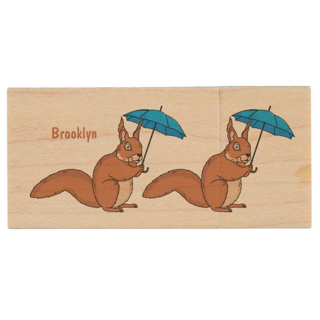Cute red squirrel with umbrella cartoon  wood flash drive (Front)