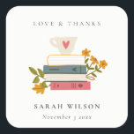 Cute Red Stacked Storybooks Floral Wedding Square Sticker<br><div class="desc">For any further customisation or any other matching items,  please feel free to contact me at yellowfebstudio@gmail.com</div>
