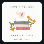 Cute Red Stacked Storybooks Floral Wedding Square Sticker<br><div class="desc">For any further customisation or any other matching items,  please feel free to contact me at yellowfebstudio@gmail.com</div>