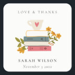 Cute Red Stacked Storybooks Floral Wedding Square Sticker<br><div class="desc">For any further customisation or any other matching items,  please feel free to contact me at yellowfebstudio@gmail.com</div>