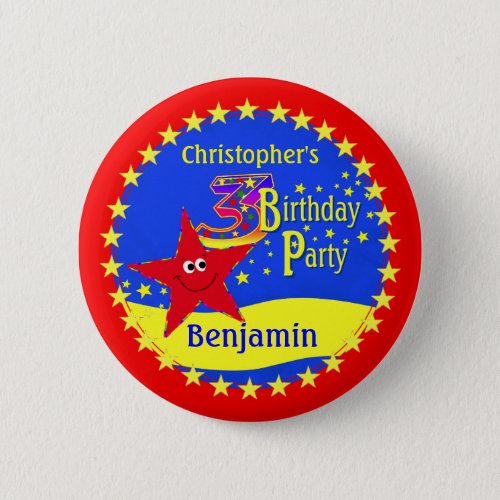 Cute Red Star 3rd Birthday Party Name Button