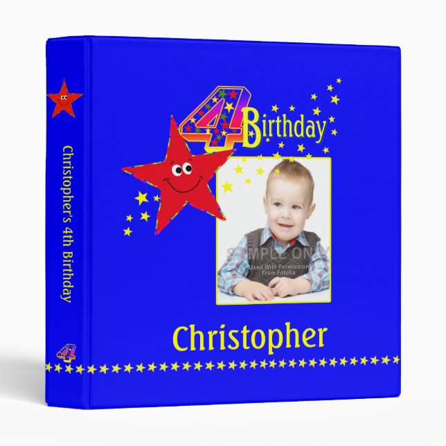 Cute Red Star 4th Birthday Party 1 inch Binder (Front/Spine)