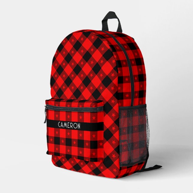  Cute Red Star Buffalo Plaid Pattern Add Name Cool Printed Backpack (Back Corner Right)