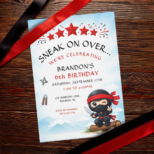 Cute Red Stars Ninja Martial Arts Kids Birthday Invitation