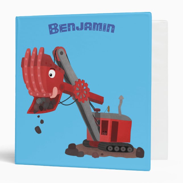 Cute red steam shovel digger cartoon illustration 3 ring binder (Front/Inside)