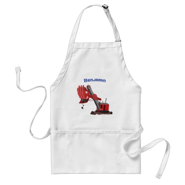 Cute red steam shovel digger cartoon illustration adult apron (Front)