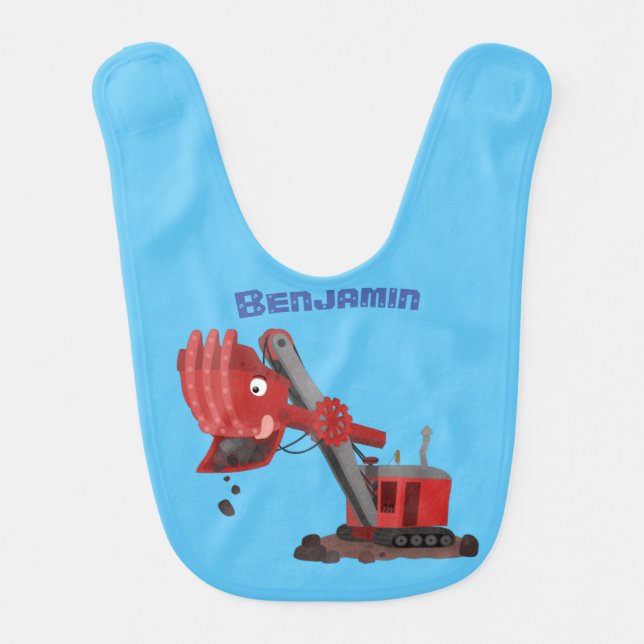 Cute red steam shovel digger cartoon illustration baby bib (Front)