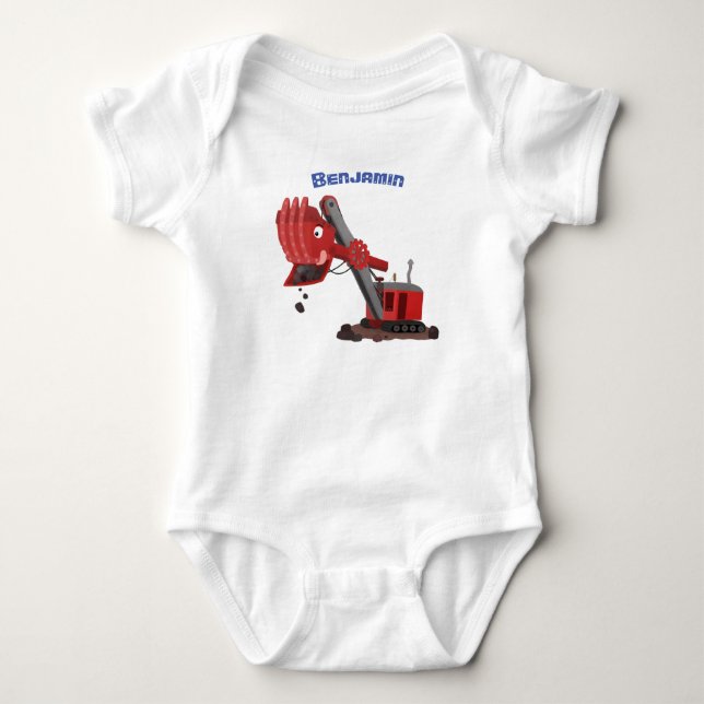Cute red steam shovel digger cartoon illustration baby bodysuit (Front)