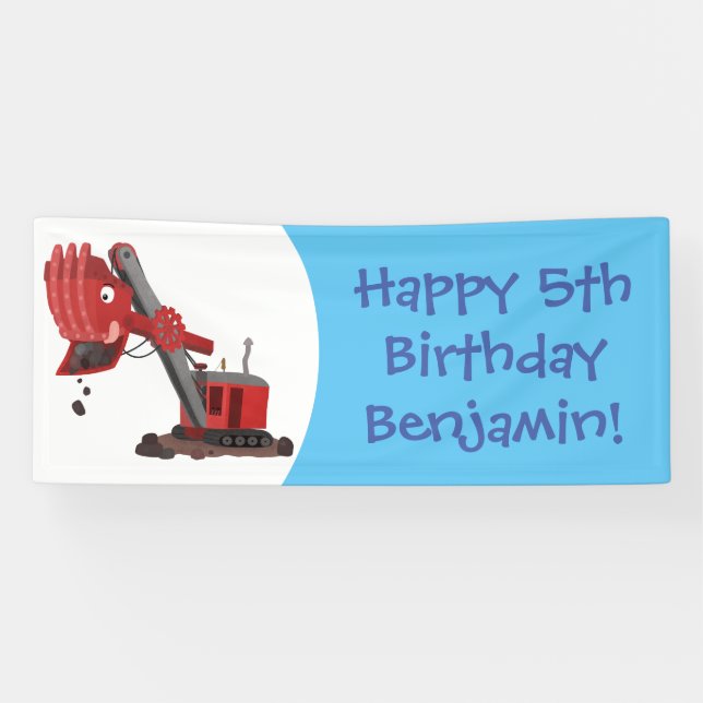Cute red steam shovel digger cartoon illustration banner (Horizontal)