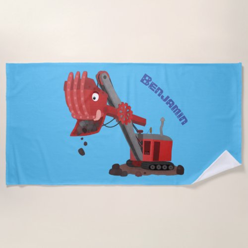 Cute red steam shovel digger cartoon illustration beach towel