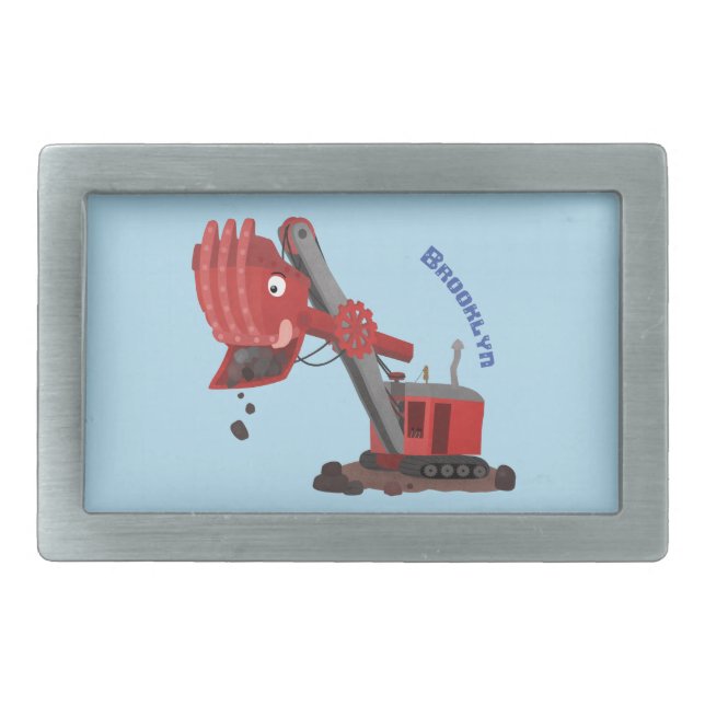 Cute red steam shovel digger cartoon illustration belt buckle (Front)