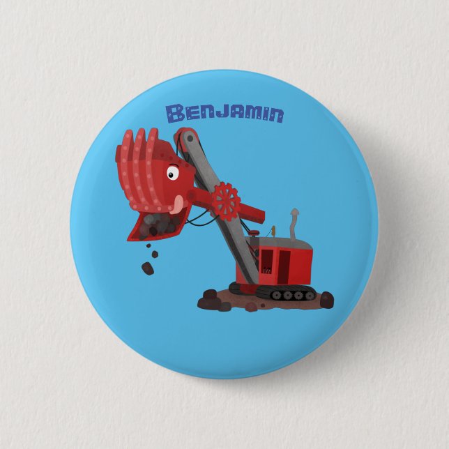 Cute red steam shovel digger cartoon illustration button (Front)
