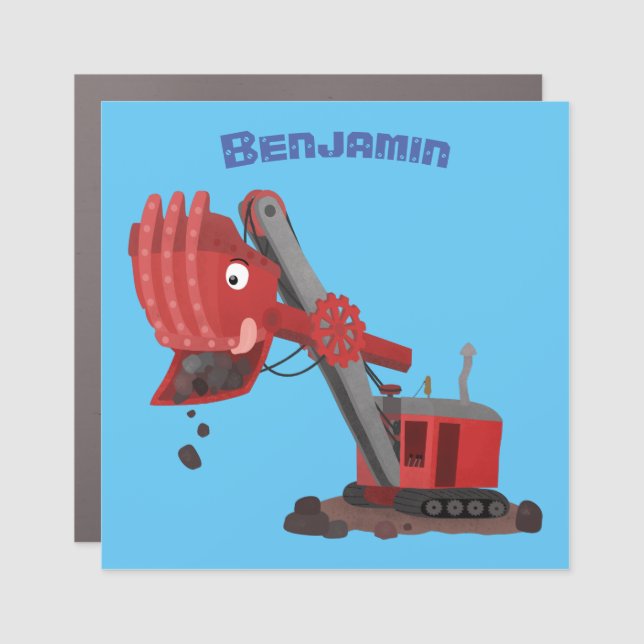 Cute red steam shovel digger cartoon illustration car magnet (Front)