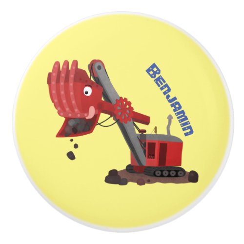 Cute red steam shovel digger cartoon illustration ceramic knob