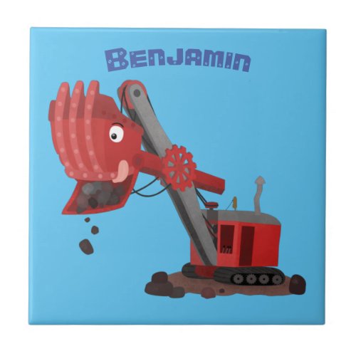 Cute red steam shovel digger cartoon illustration ceramic tile