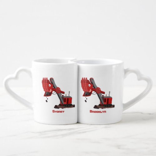 Cute red steam shovel digger cartoon illustration coffee mug set