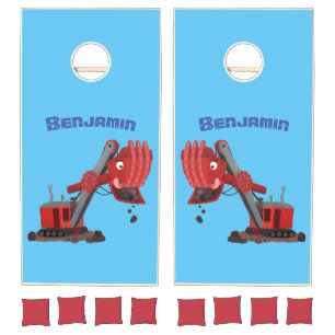 Cute red steam shovel digger cartoon illustration cornhole set