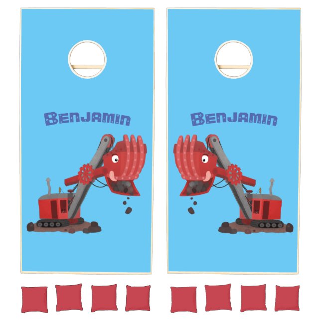 Cute red steam shovel digger cartoon illustration cornhole set (Set)