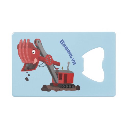 Cute red steam shovel digger cartoon illustration credit card bottle opener
