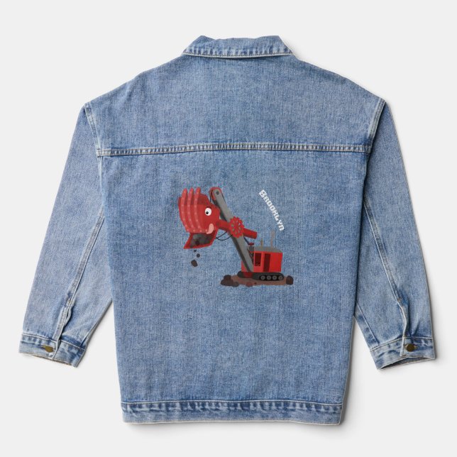 Cute red steam shovel digger cartoon illustration denim jacket (Back)