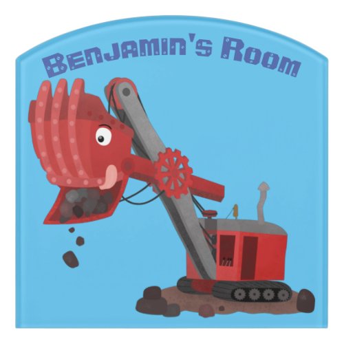 Cute red steam shovel digger cartoon illustration door sign