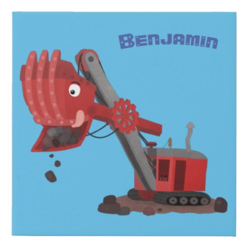 Cute red steam shovel digger cartoon illustration faux canvas print