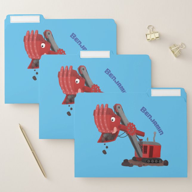 Cute red steam shovel digger cartoon illustration file folder (Set)
