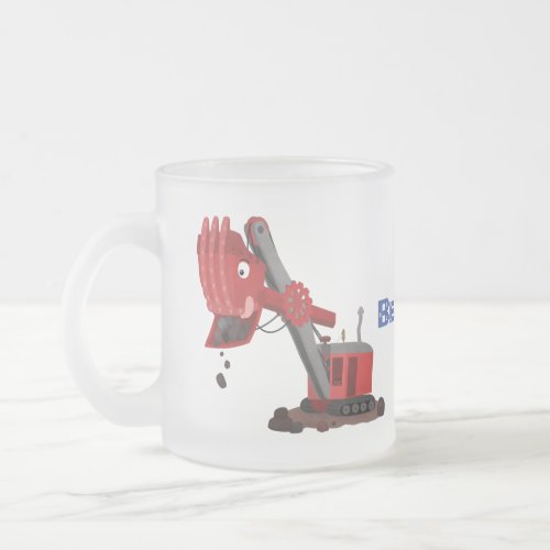 Cute red steam shovel digger cartoon illustration frosted glass coffee mug