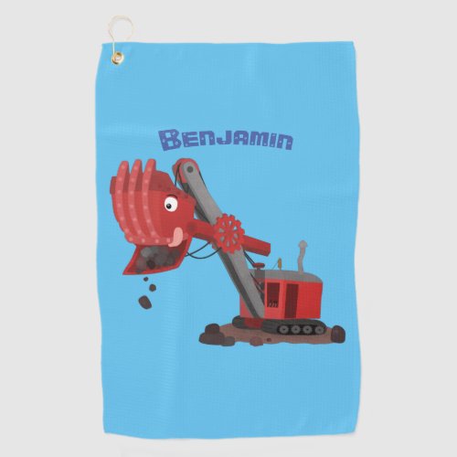 Cute red steam shovel digger cartoon illustration  golf towel