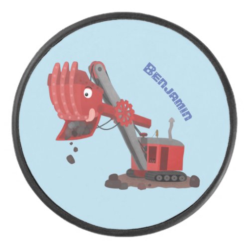 Cute red steam shovel digger cartoon illustration hockey puck