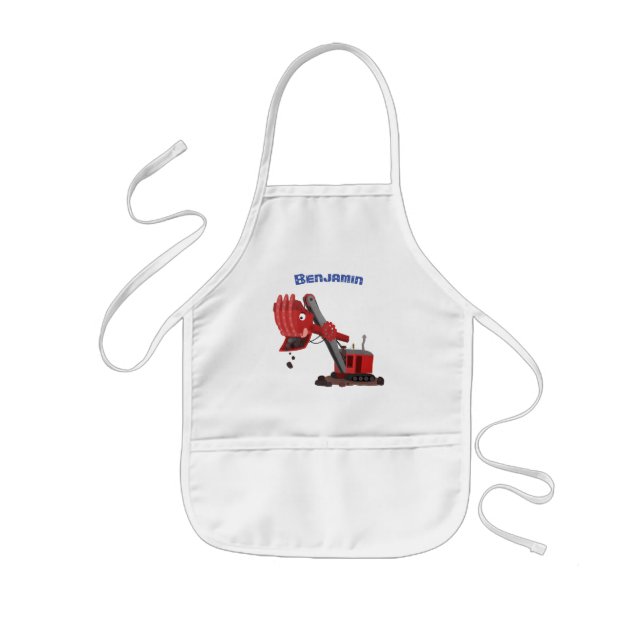 Cute red steam shovel digger cartoon illustration kids' apron (Front)