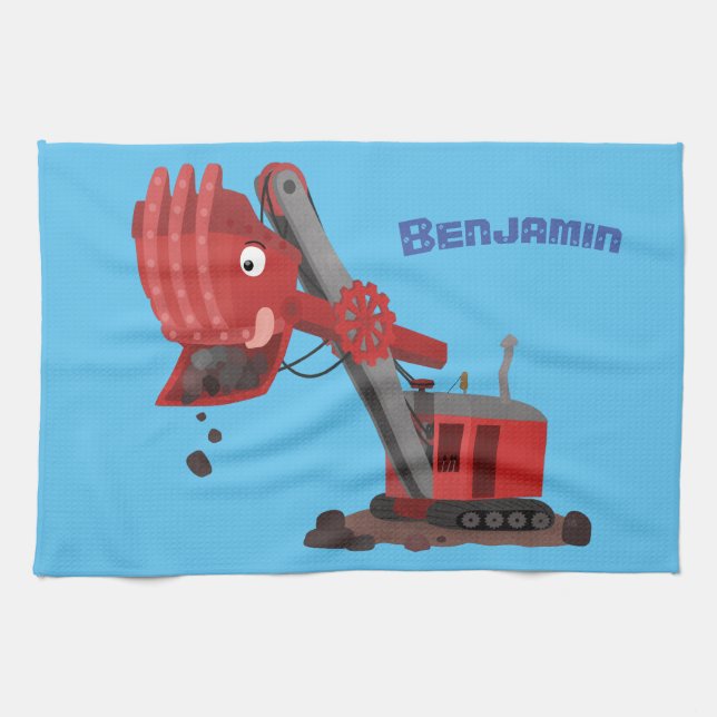 Cute red steam shovel digger cartoon illustration kitchen towel (Horizontal)