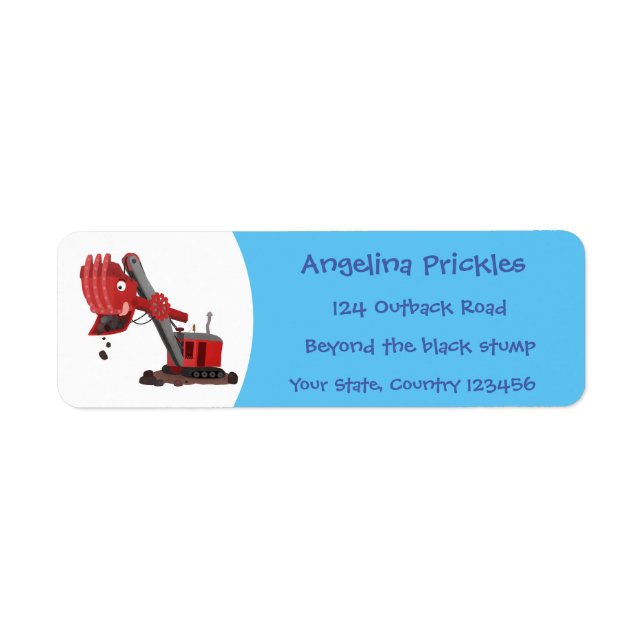 Cute red steam shovel digger cartoon illustration label (Front)