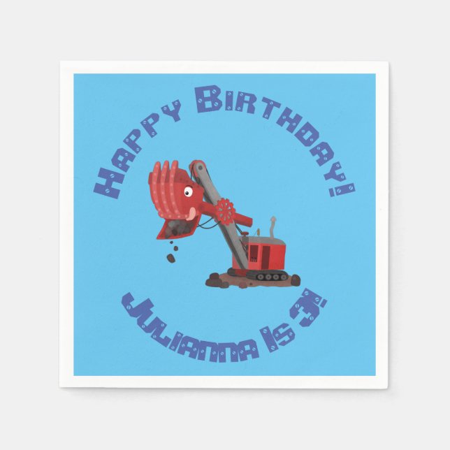 Cute red steam shovel digger cartoon illustration napkins (Front)