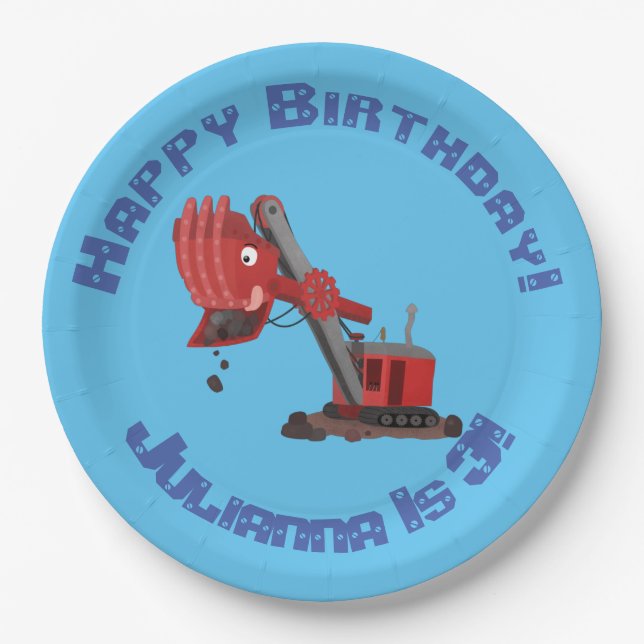 Cute red steam shovel digger cartoon illustration  paper plates (Front)