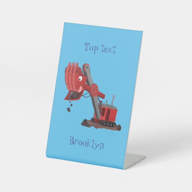 Cute red steam shovel digger cartoon illustration pedestal sign (Front)