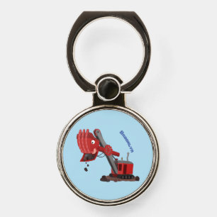 Cute red steam shovel digger cartoon illustration phone ring stand